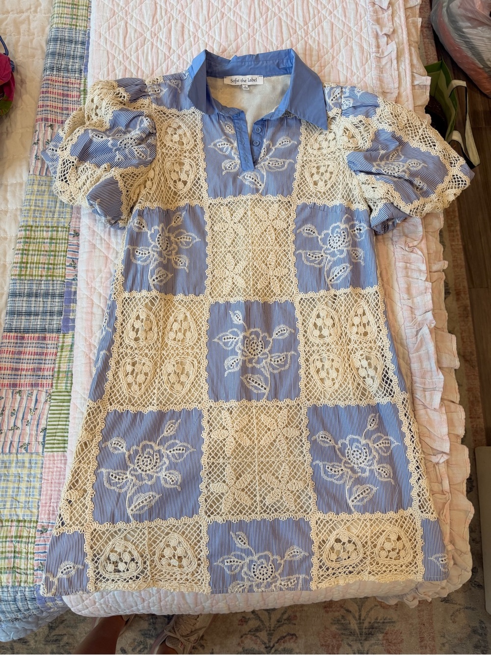 Blue & Cream Lace Patchwork Dress